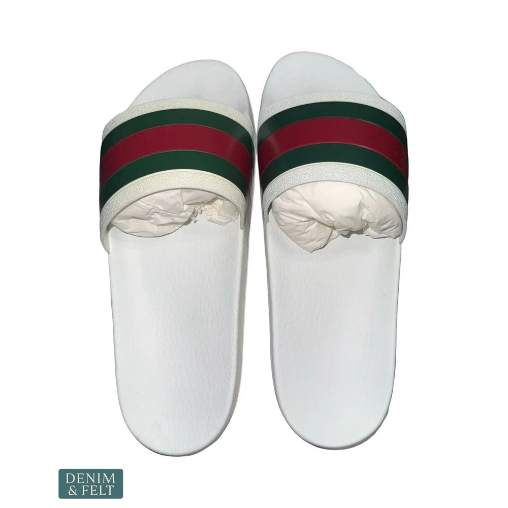 NEW Gucci Pursuit 72 Web Stripe Rubber Slide Sandals White Red Green Men's